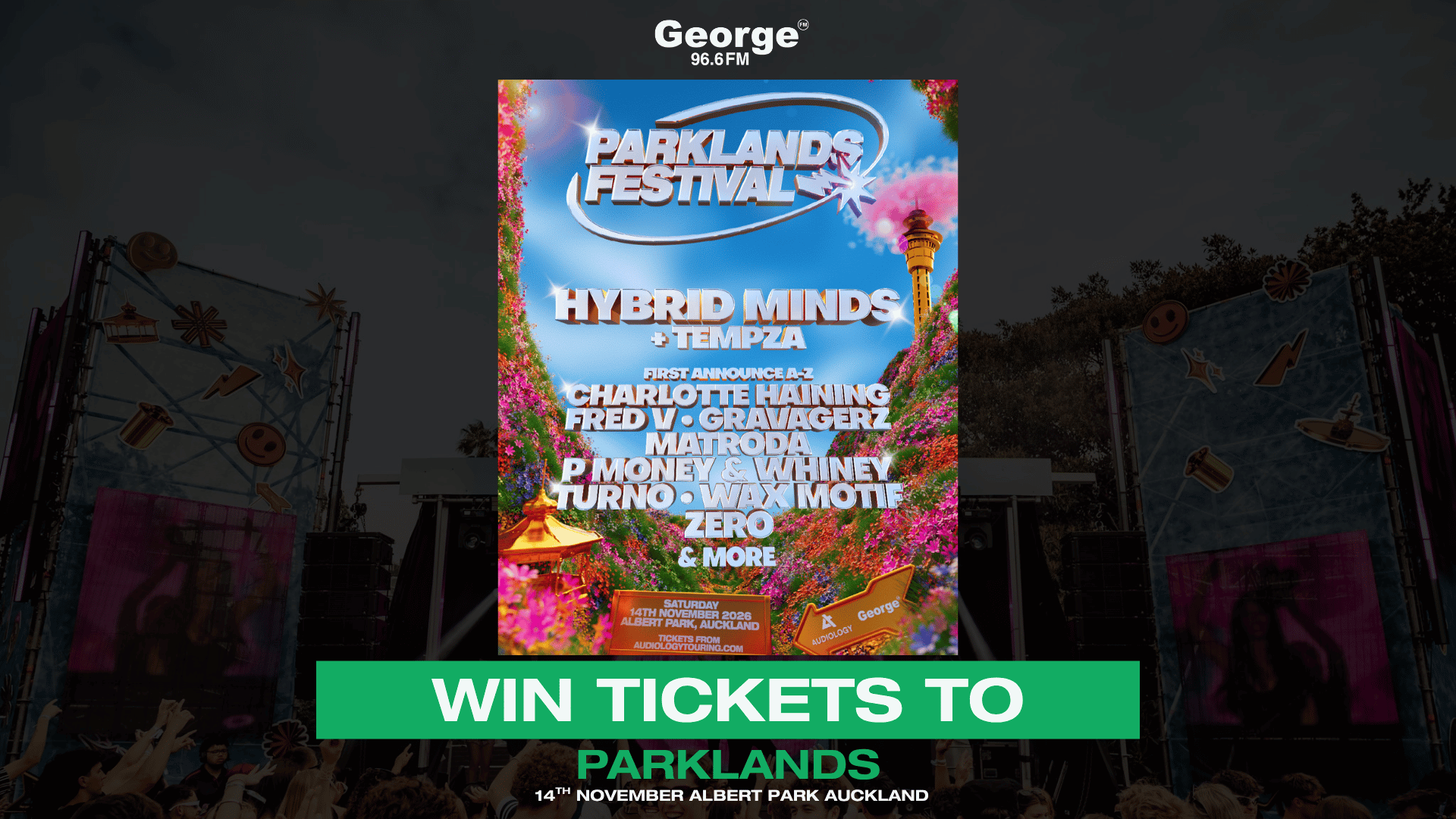 A George FM image features a Parklands Festival poster with the lineup and "14th November 2026" event details, overlaid by a green banner reading "WIN TICKETS TO PARKLANDS" above a festival scene.