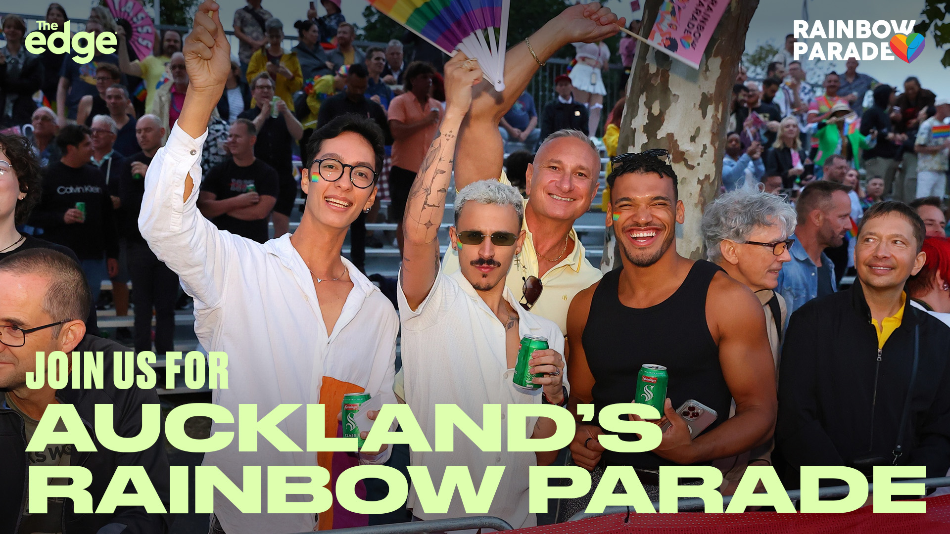 Group in crowd at Auckland Rainbow Parade. "Join us for Auckland's Rainbow Parade" with The Edge Auckland