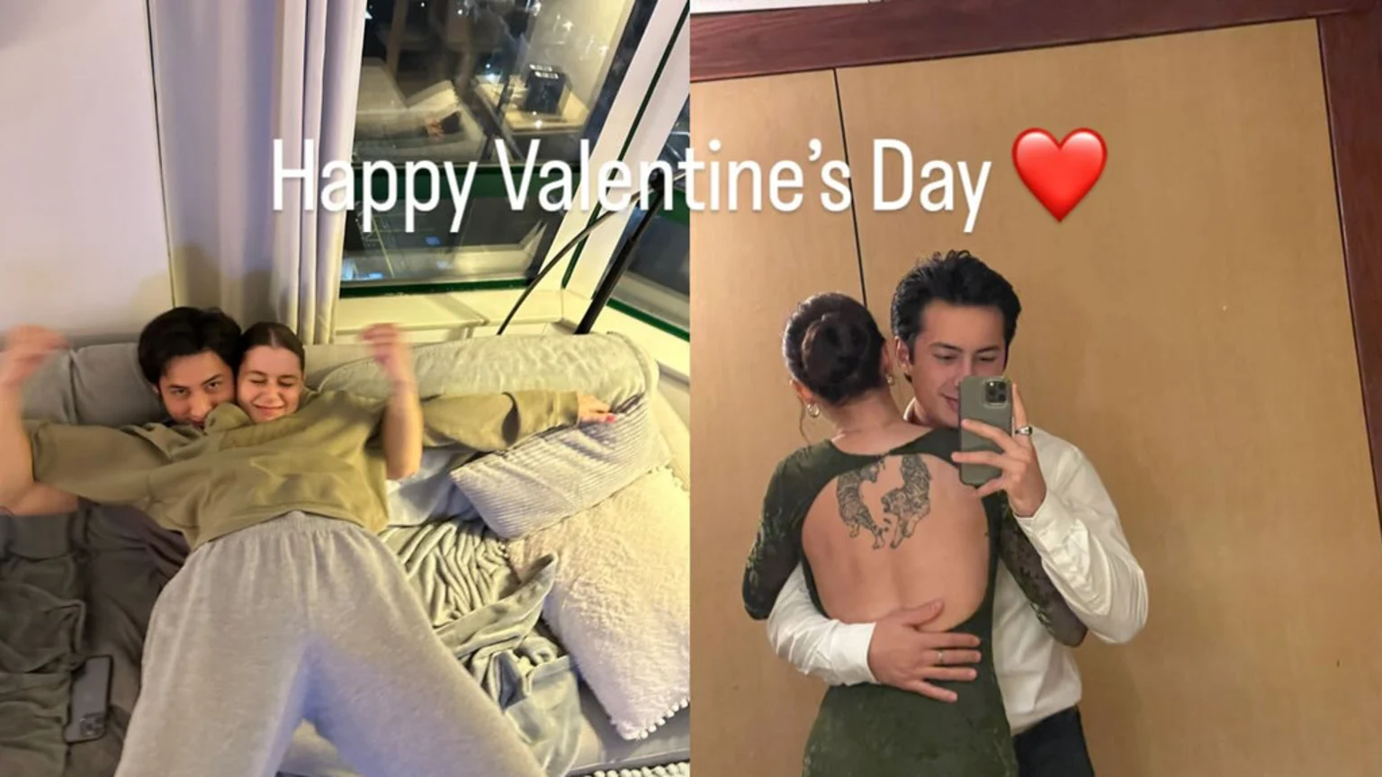 Composite image showing two young adult couples indoors. The left panel features a playful couple on a light grey sofa or bed with pillows and a blanket, while the right panel captures another couple embracing and taking a mirror selfie. A "Happy Valentine's Day" greeting with a red heart emoji overlays the top of both panels.