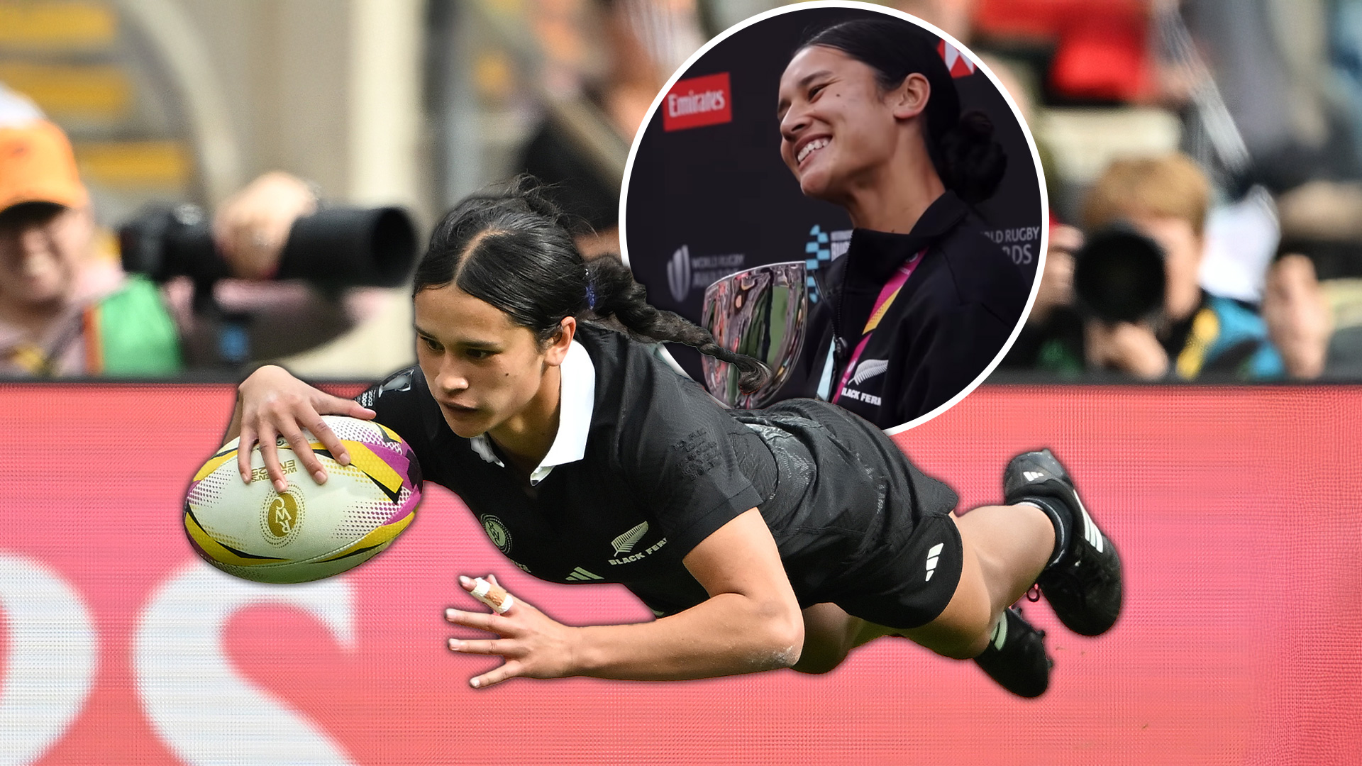 Black Ferns rugby star Braxton Sorensen-McGee jumping over the tryline for a try, next to a picture of her receiving her award for World Rugby Breakthrough player of the year. 