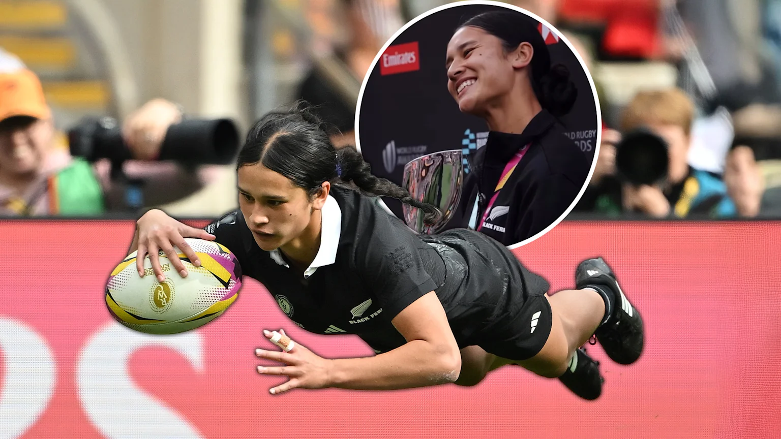 Black Ferns rugby star Braxton Sorensen-McGee jumping over the tryline for a try, next to a picture of her receiving her award for World Rugby Breakthrough player of the year.