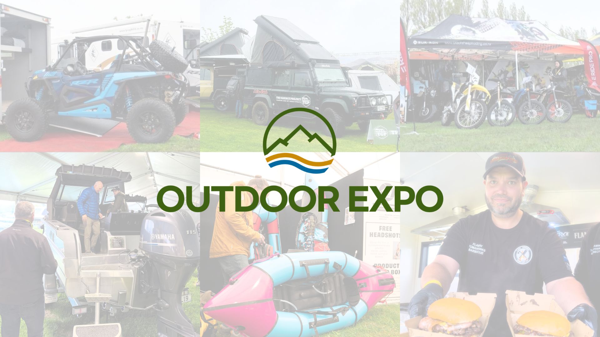 A collage depicts an Outdoor Expo with ATVs, overland vehicles, dirt bikes, a boat, an inflatable raft, and a food vendor, with a mountain and wave logo and "OUTDOOR EXPO" text.