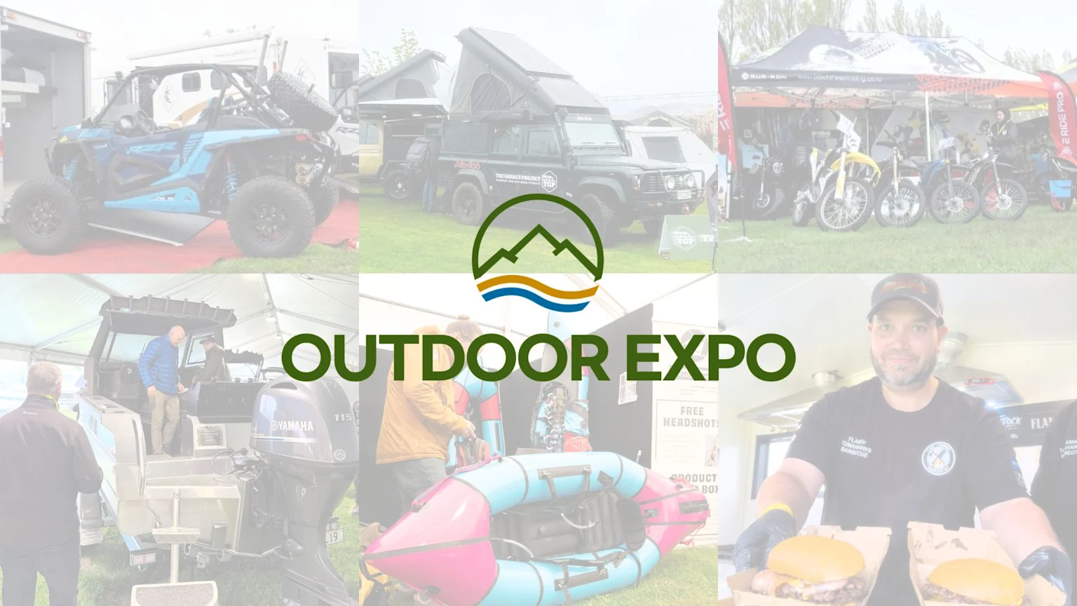 A collage depicts an Outdoor Expo with ATVs, overland vehicles, dirt bikes, a boat, an inflatable raft, and a food vendor, with a mountain and wave logo and "OUTDOOR EXPO" text.