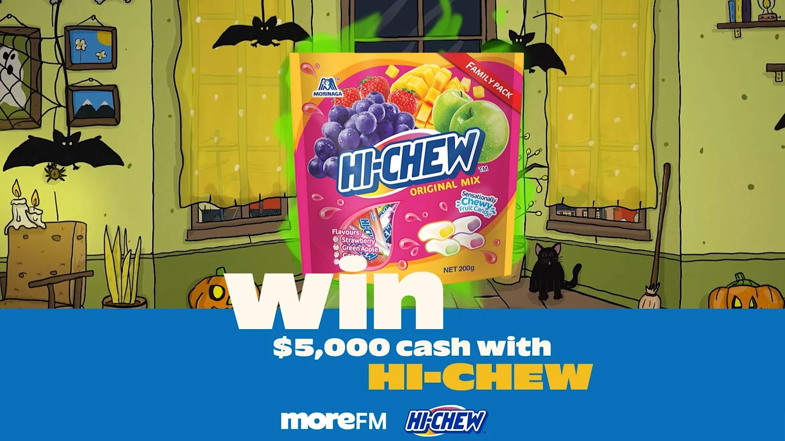 A Halloween-themed cartoon room displays a large Hi-Chew Original Mix candy packet, with text "WIN $5,000 cash with HI-CHEW" and moreFM and Hi-Chew logos.