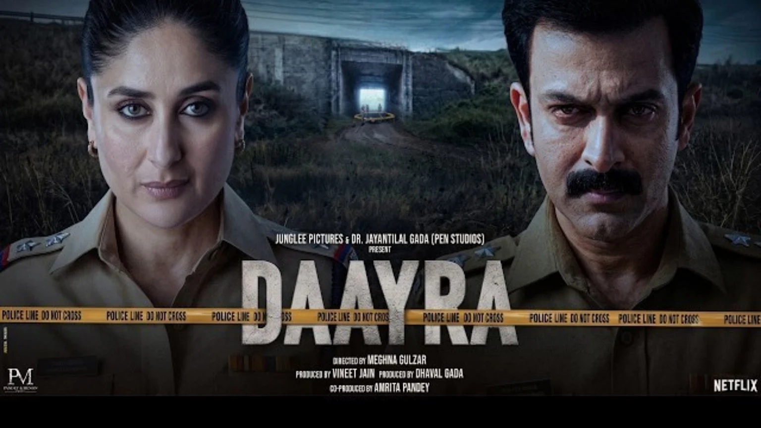 Movie poster for "DAAYRA" features Kareena Kapoor Khan and a male co-star in police uniforms, looking sternly, against a dark, desolate background with a tunnel and crime scene tape.