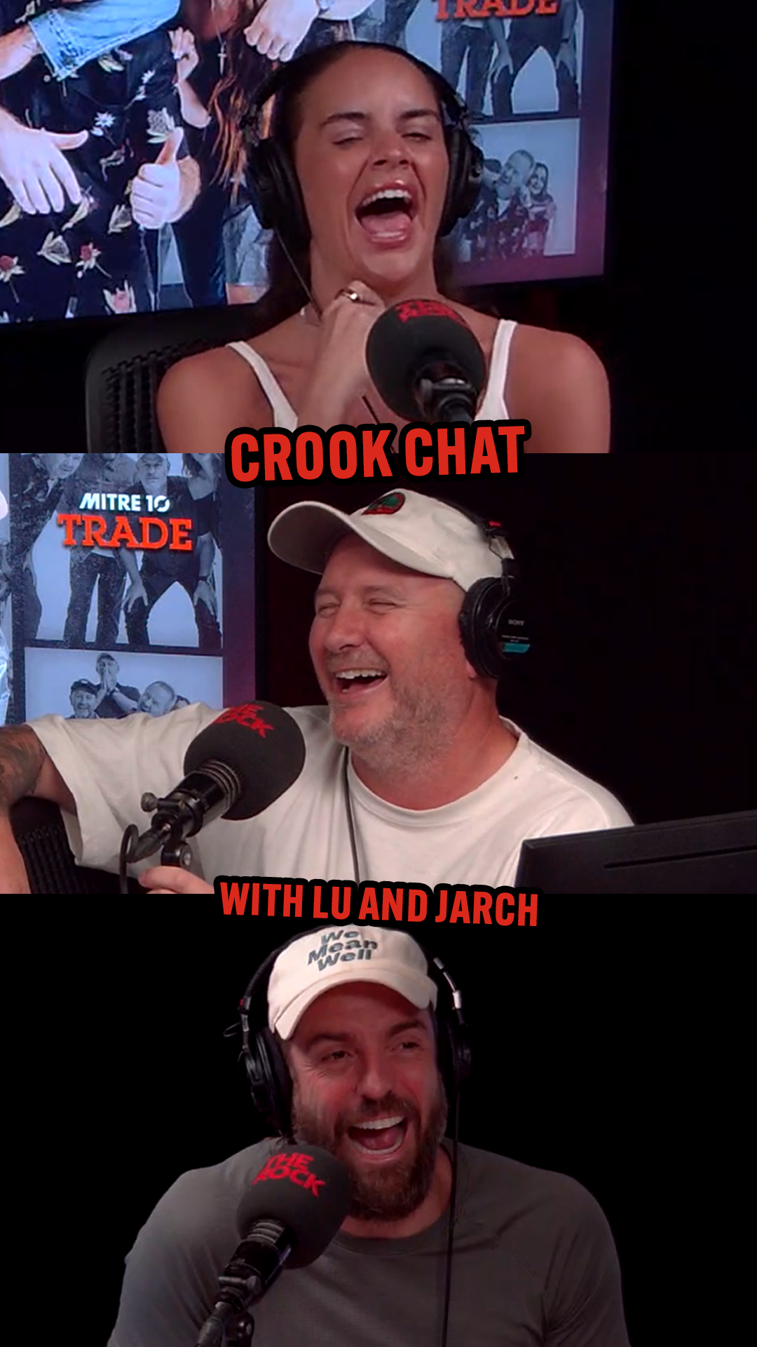 Lu, Jarch and Bryce laughing in studio