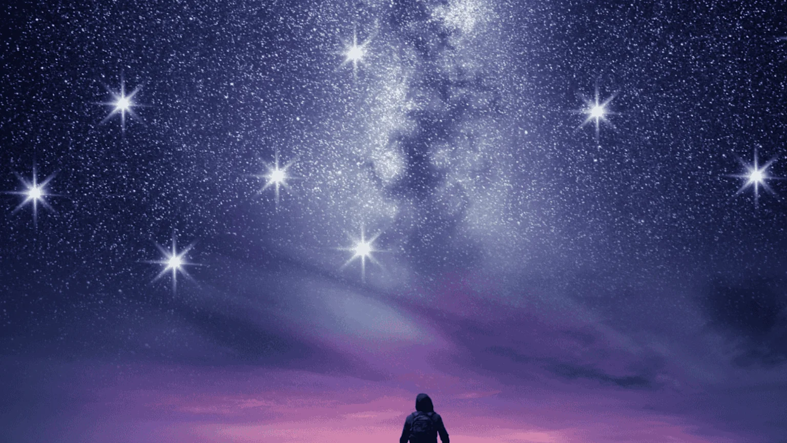 A person in a hoodie and backpack stands looking up at a dark blue-purple night sky filled with tiny stars and eight prominent bright starbursts, above a glowing purple and pink horizon.