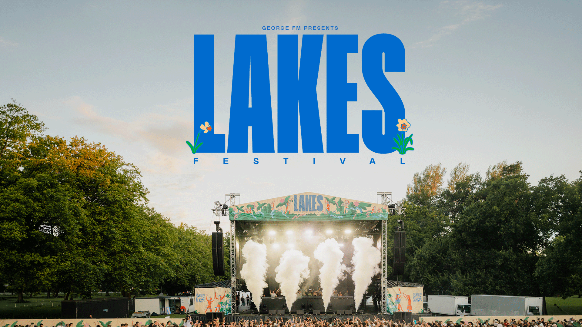 A wide shot of the Lakes Festival shows a large outdoor stage with bright lights and smoke, a lively crowd, and "GEORGE FM PRESENTS LAKES FESTIVAL" written in large blue text across the sky.