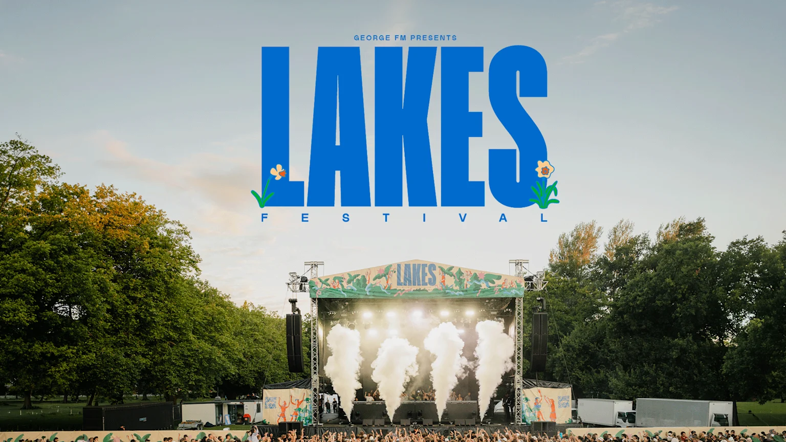 A wide shot of the Lakes Festival shows a large outdoor stage with bright lights and smoke, a lively crowd, and "GEORGE FM PRESENTS LAKES FESTIVAL" written in large blue text across the sky.