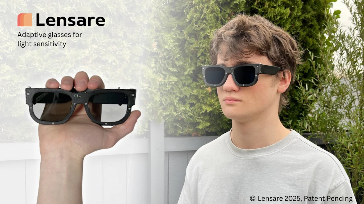 19-year-old Mark Campbell wearing Lensare sunglasses - smart glasses that detect harmful light patterns and instantly darken, protecting people with photosensitive epilepsy and photophobia from light-triggered seizures, migraines and other serious health risks.