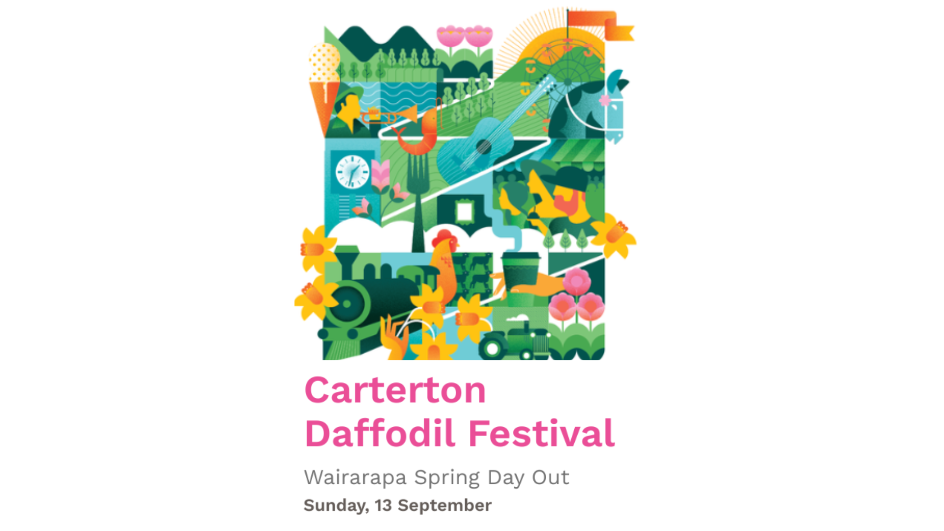 A colorful collage illustration for the Carterton Daffodil Festival featuring yellow daffodils, a train, tractor, Ferris wheel, and various elements of farm life, music, and food.