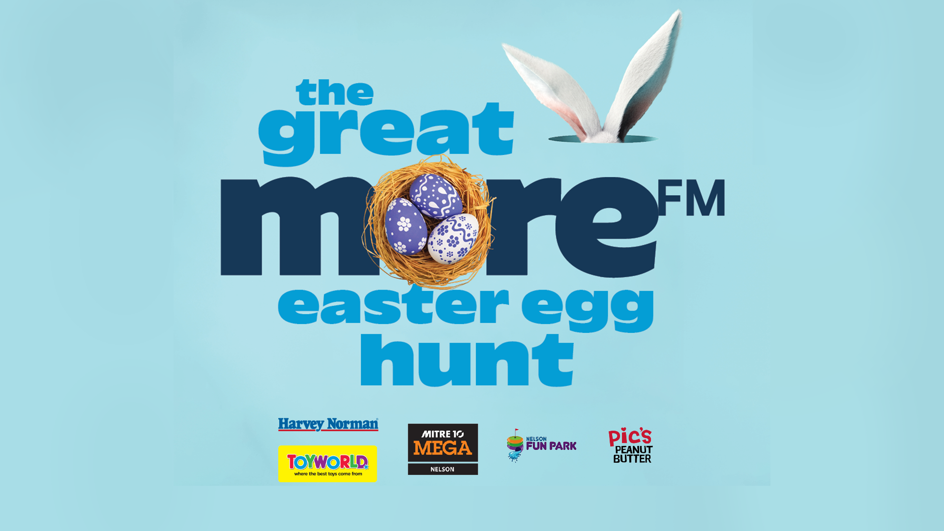Logo for 'The Great More FM Easter Hunt' featuring blue text, a nest with three purple and white patterned eggs, and white bunny ears peeking.