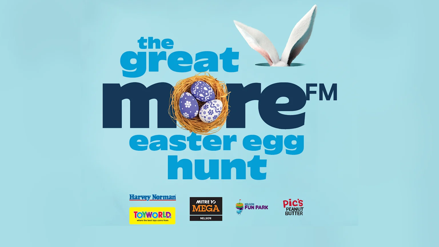 Logo for 'The Great More FM Easter Hunt' featuring blue text, a nest with three purple and white patterned eggs, and white bunny ears peeking.