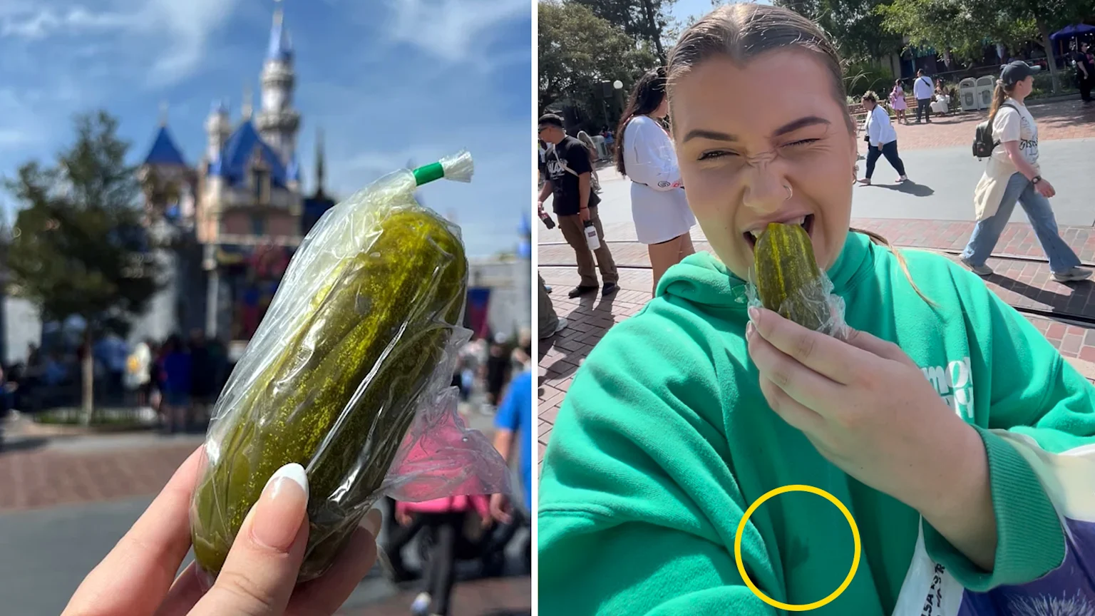 Left - Holding a pickle in front of Disneyland California's Sleeping Beauty Castle
Right - Female biting into a pickle