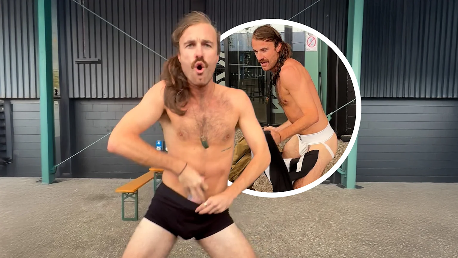 Creech in his jocks, pulling out baby oil