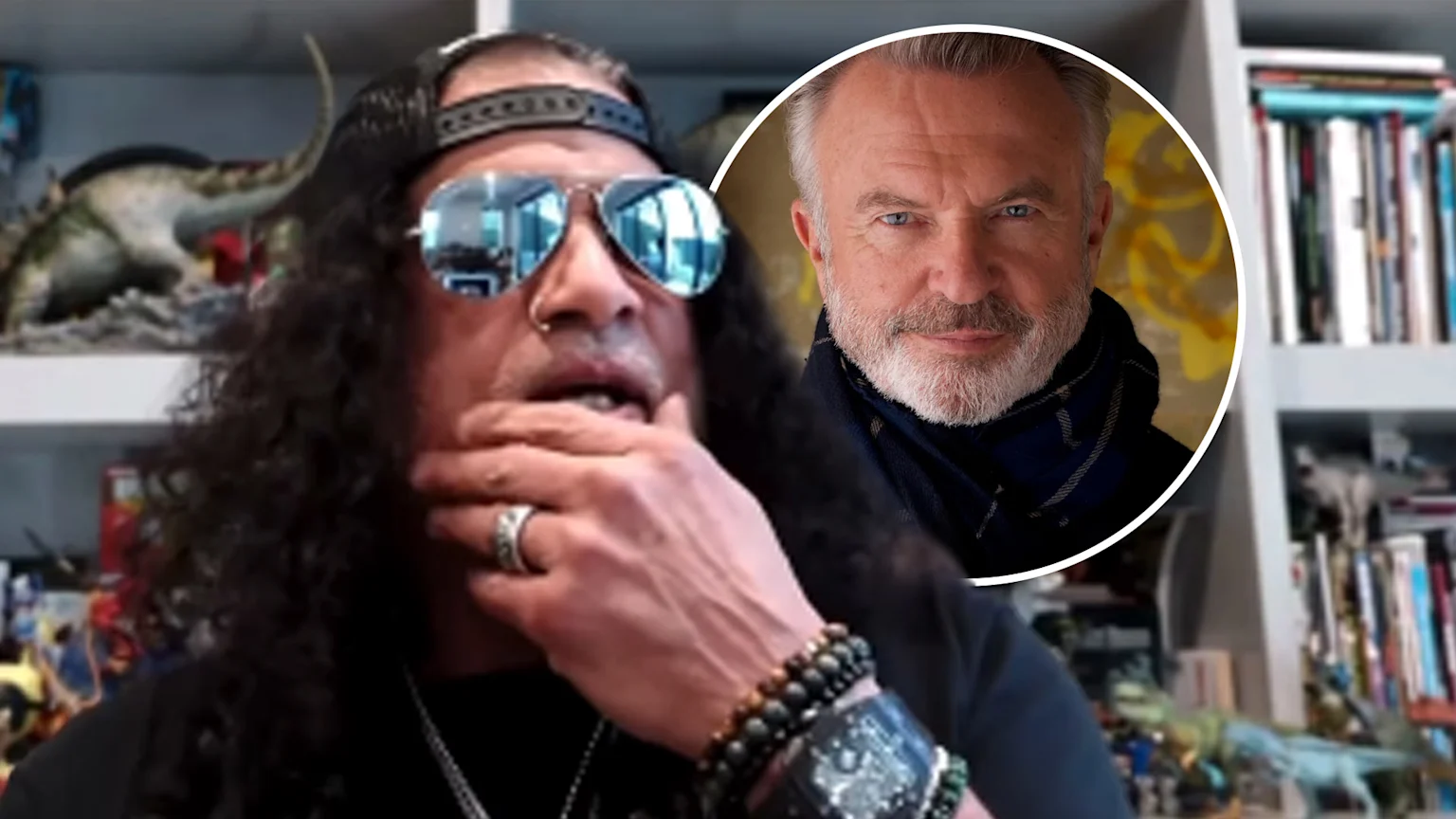 Musician Slash, with long hair, sunglasses, and bracelets, holds his hand to his chin, with a circular inset of actor Sam Neill with a grey beard and blue scarf, set against a blurred background of shelves with dinosaur figures.