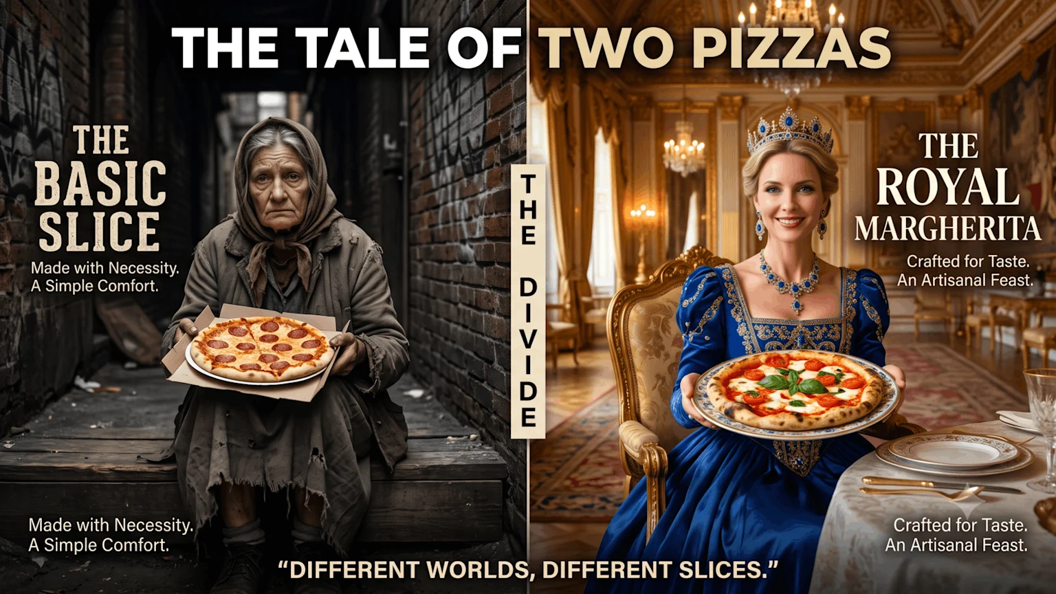 A split image contrasts an elderly, poor woman holding a pepperoni pizza with a queen holding a gourmet Margherita pizza in a luxurious setting, illustrating the disparity between simple comfort and artisanal feast.