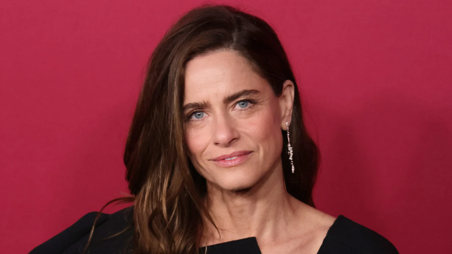Close-up portrait of actress Amanda Peet smiling subtly, with long brown hair, blue eyes, and a sparkling drop earring, against a reddish-pink background.