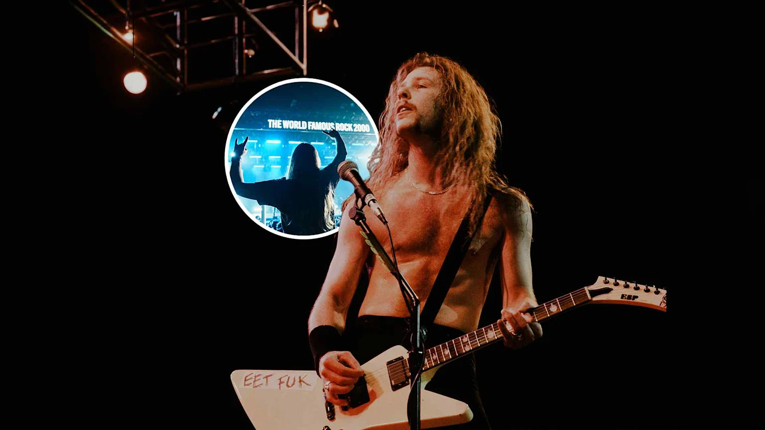 A shirtless man with long hair plays an ESP electric guitar with "EET FUK" on it, a microphone nearby; a circular inset shows a silhouetted figure with raised hands and "THE WORLD FAMOUS ROCK 2000" sign.