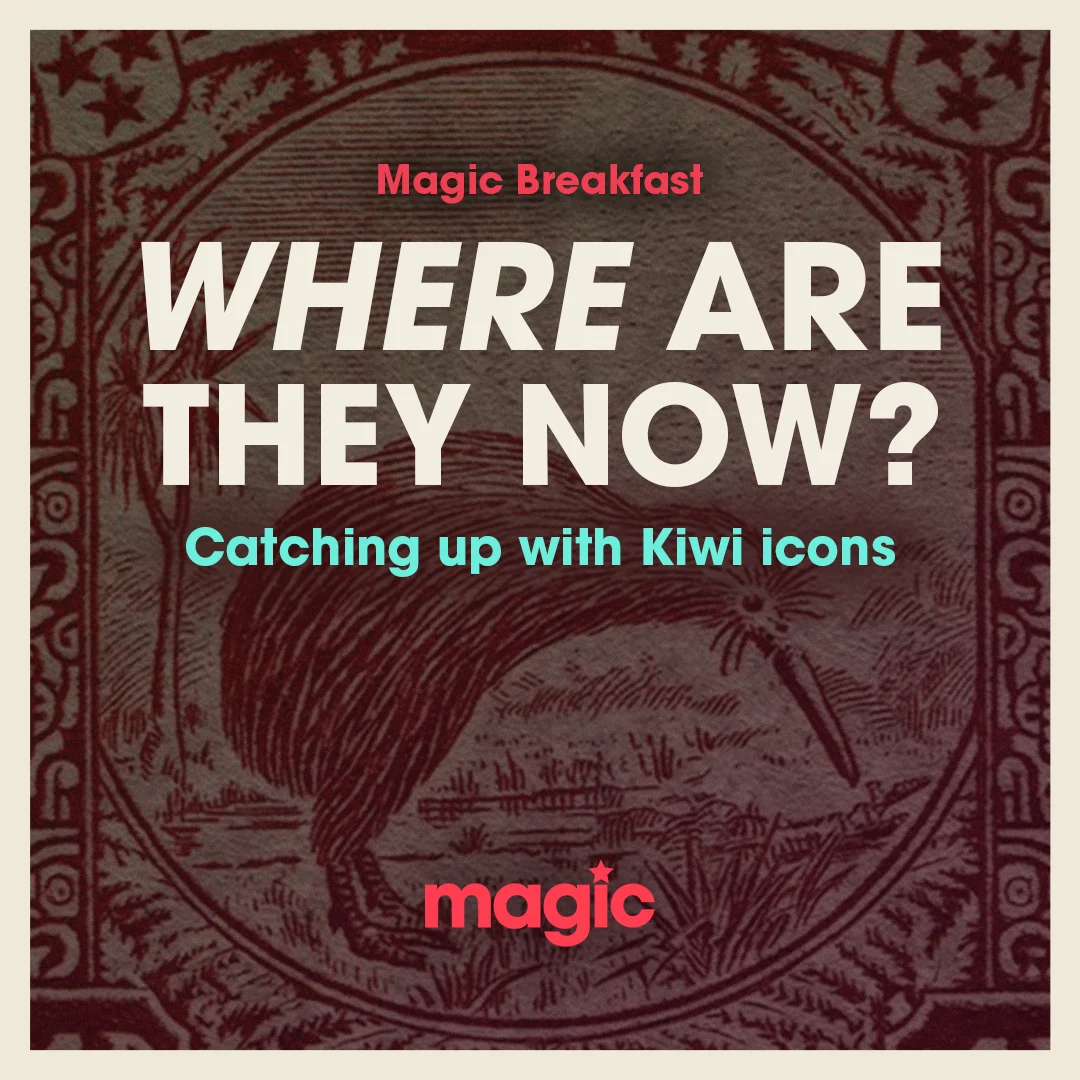 Text reading 'Magic Breakfast: Where Are They Now? - Catching up with Kiwi icons' over the faded image of an old, vintage New Zealand stamp with a Kiwi bird on it.
