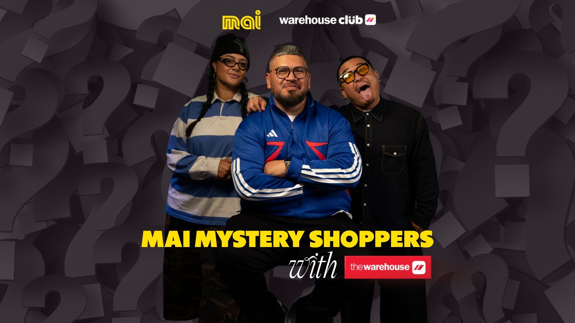 Three people, two men and one woman, pose smiling and playfully in front of a dark background filled with question marks, with "MAI MYSTERY SHOPPERS with the warehouse" text and "mai warehouse club" logos.