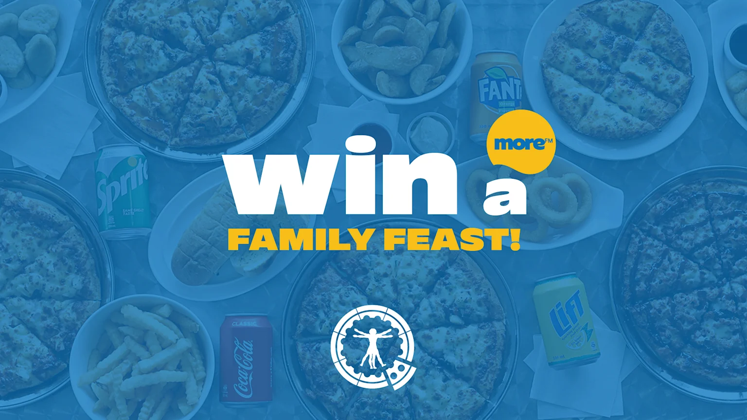 An overhead, blurred view of a table full of pizzas, fries, and drinks, with text "Win a FAMILY FEAST!" and a white logo featuring a person inside a gear-shaped pizza slice.