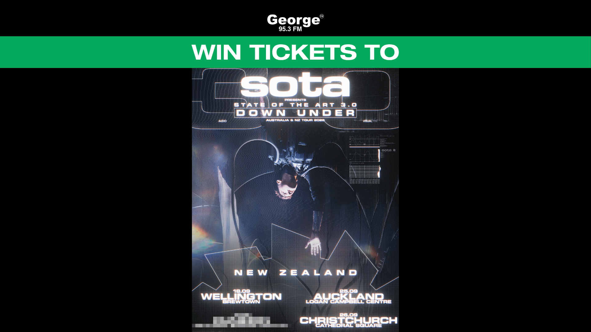 A promotional image for George 95.3 FM, showing a 'WIN TICKETS TO' banner above a poster for Sota's 'State of the Art 3.0 Down Under' tour, listing New Zealand dates in Wellington, Auckland, and Christchurch.