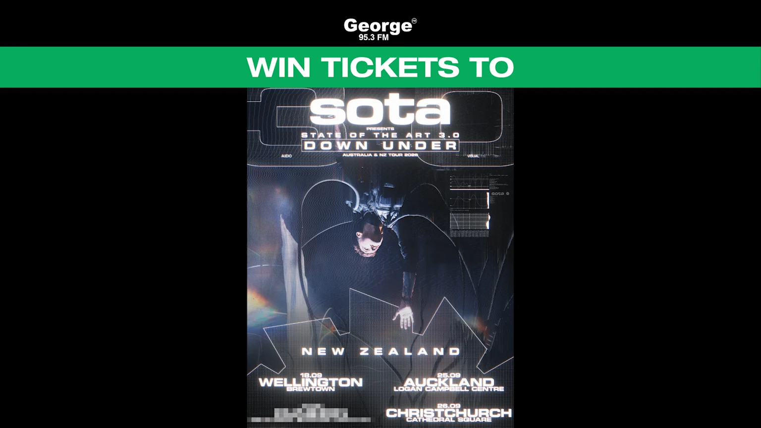 A promotional image for George 95.3 FM, showing a 'WIN TICKETS TO' banner above a poster for Sota's 'State of the Art 3.0 Down Under' tour, listing New Zealand dates in Wellington, Auckland, and Christchurch.
