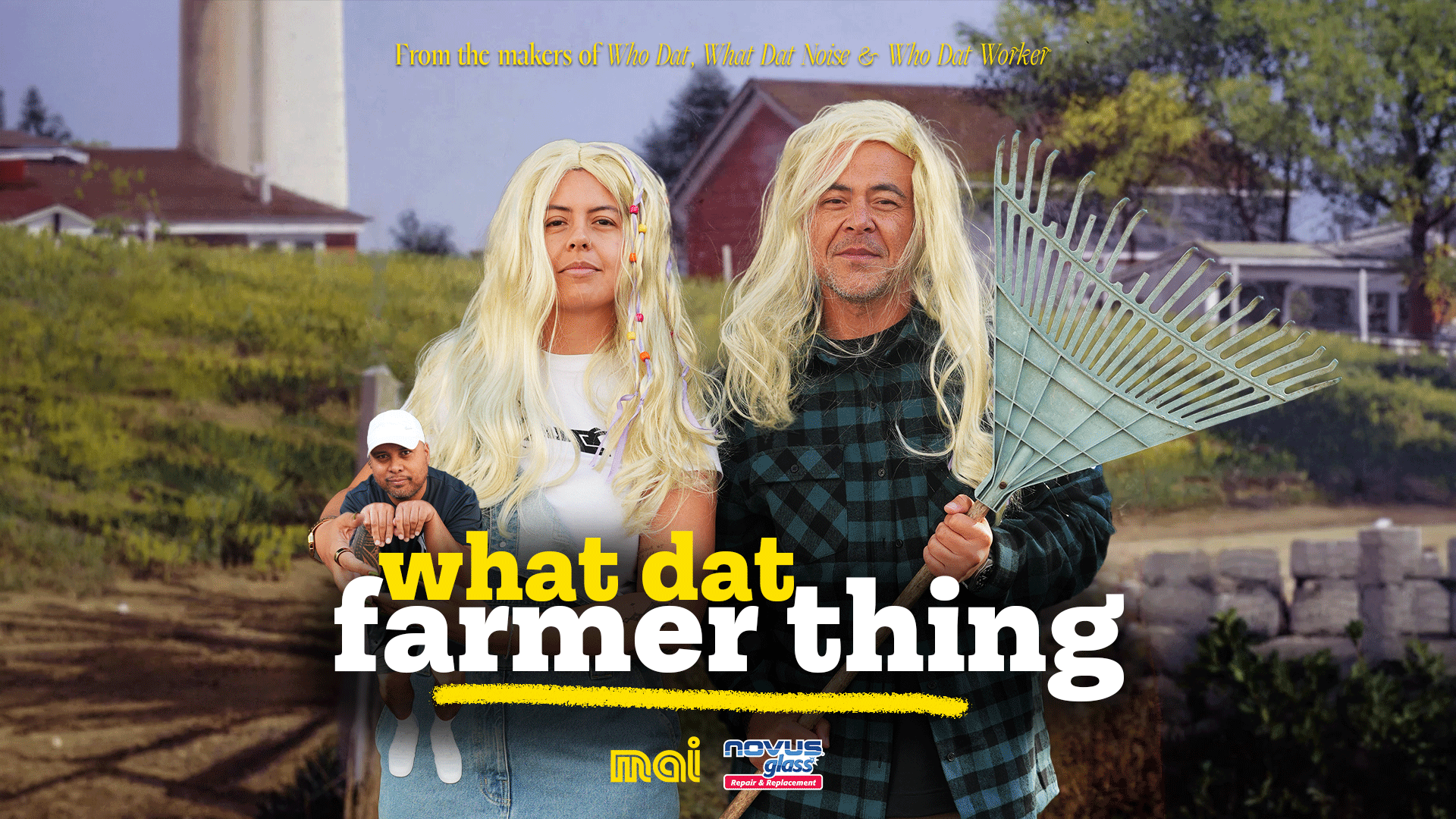 A blonde-wigged woman and man (holding a rake) with a smaller man at their feet, stand in a farm setting, with large text "what dat farmer thing".