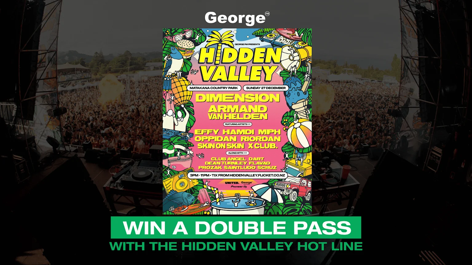 A photo showing a lively outdoor music festival crowd and stage, overlaid with a colorful poster for the Hidden Valley festival featuring artists and event details, and a green banner announcing a chance to win a double pass.