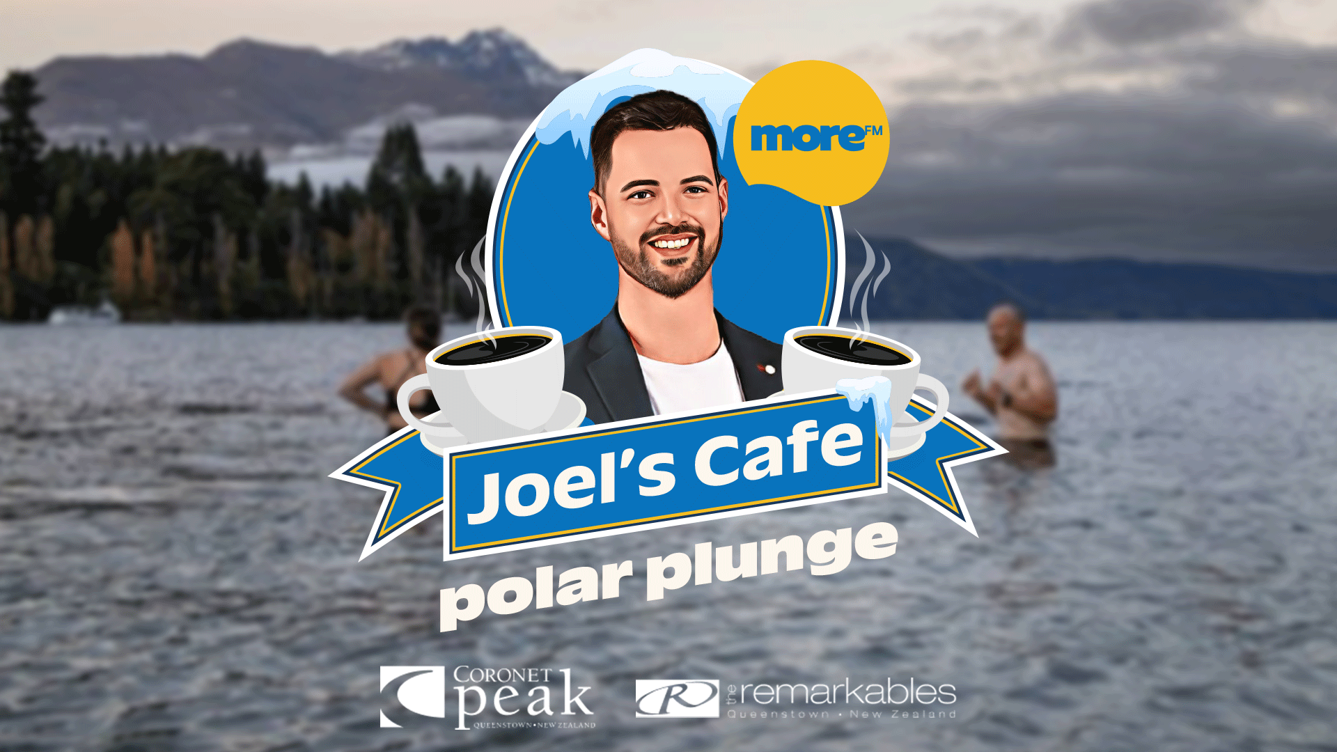 A graphic for "Joel's Cafe polar plunge" features a cartoon man, steaming coffee cups (one iced), and logos, superimposed on a blurry image of people in a lake with mountains.