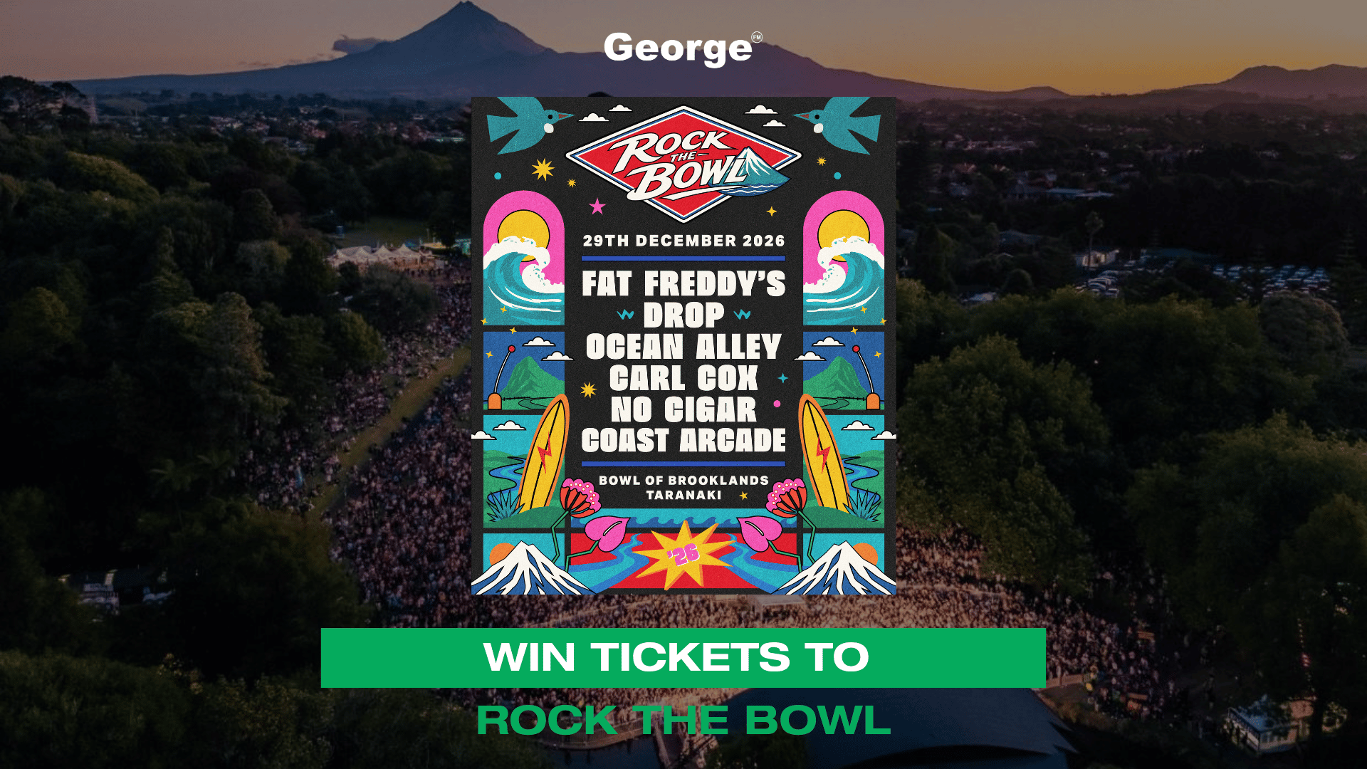 A vibrant "Rock the Bowl 2026" festival poster with lineup and George® logo, overlaying an aerial view of a large concert crowd and a mountain at sunset, with a "WIN TICKETS" banner.