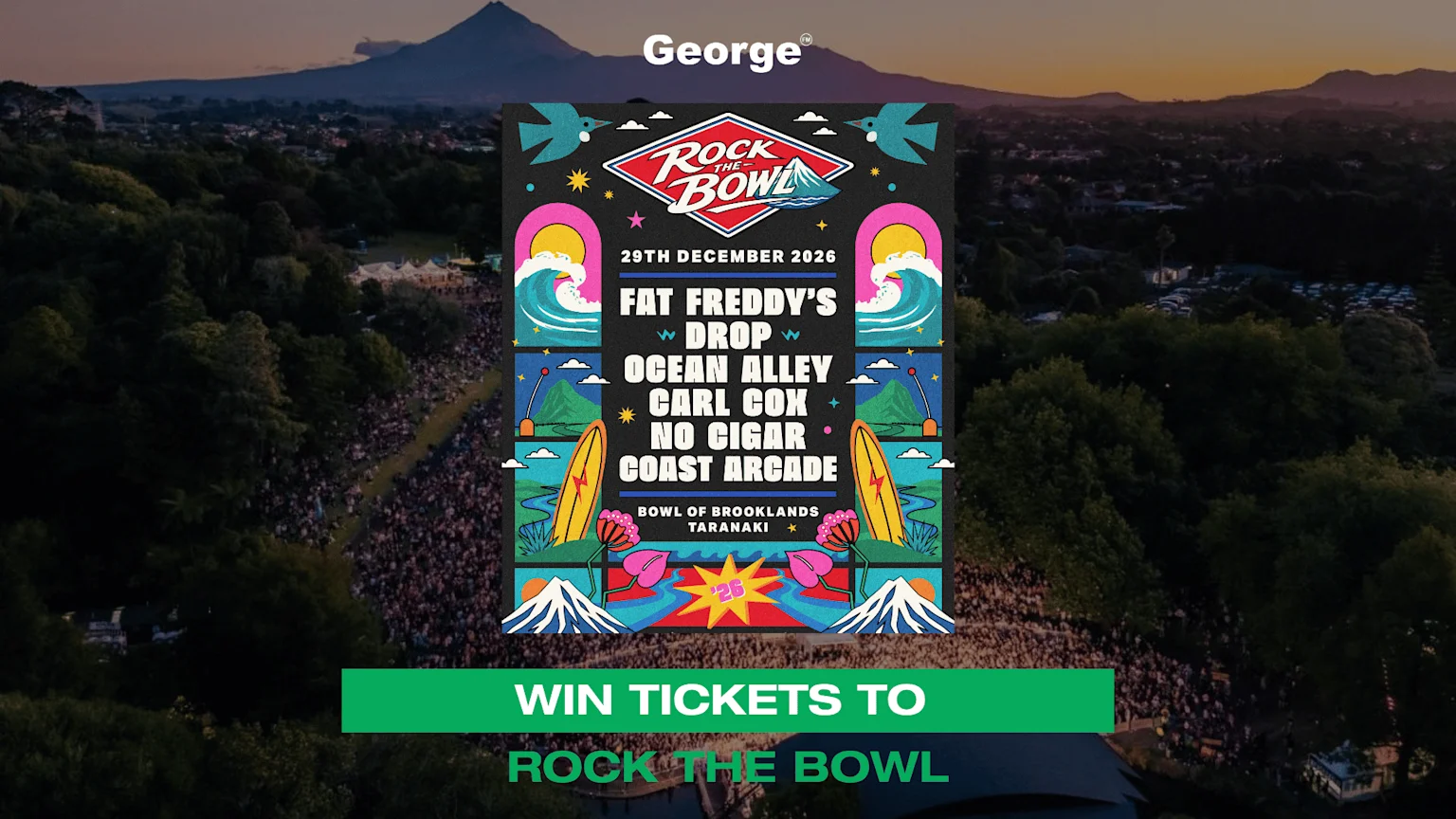 A vibrant "Rock the Bowl 2026" festival poster with lineup and George® logo, overlaying an aerial view of a large concert crowd and a mountain at sunset, with a "WIN TICKETS" banner.