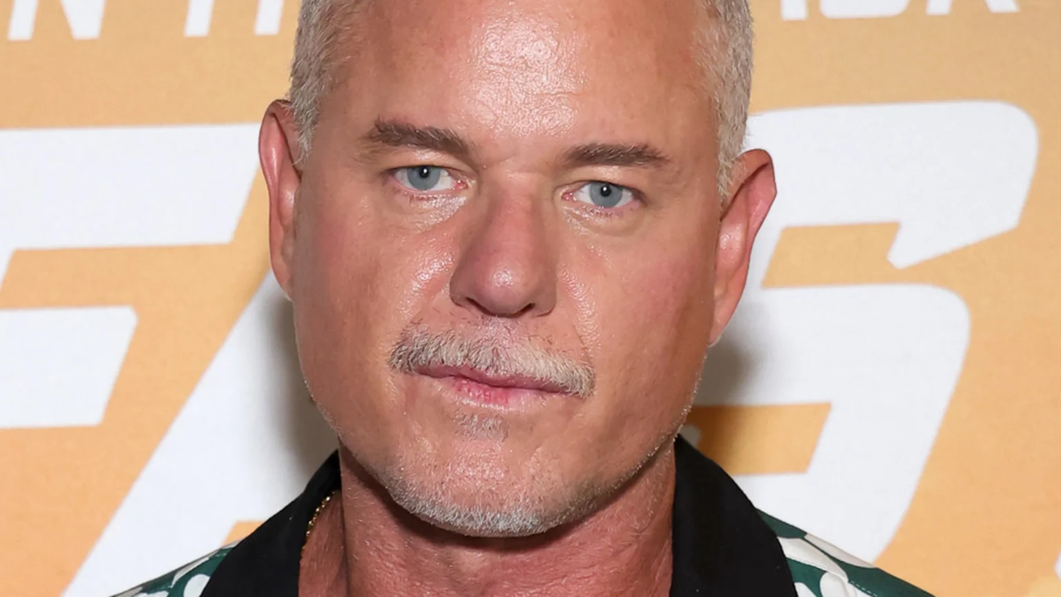 Close-up of a man with salt-and-pepper hair, blue eyes, and a gray mustache, wearing a dark patterned shirt, against a blurry orange and white background.