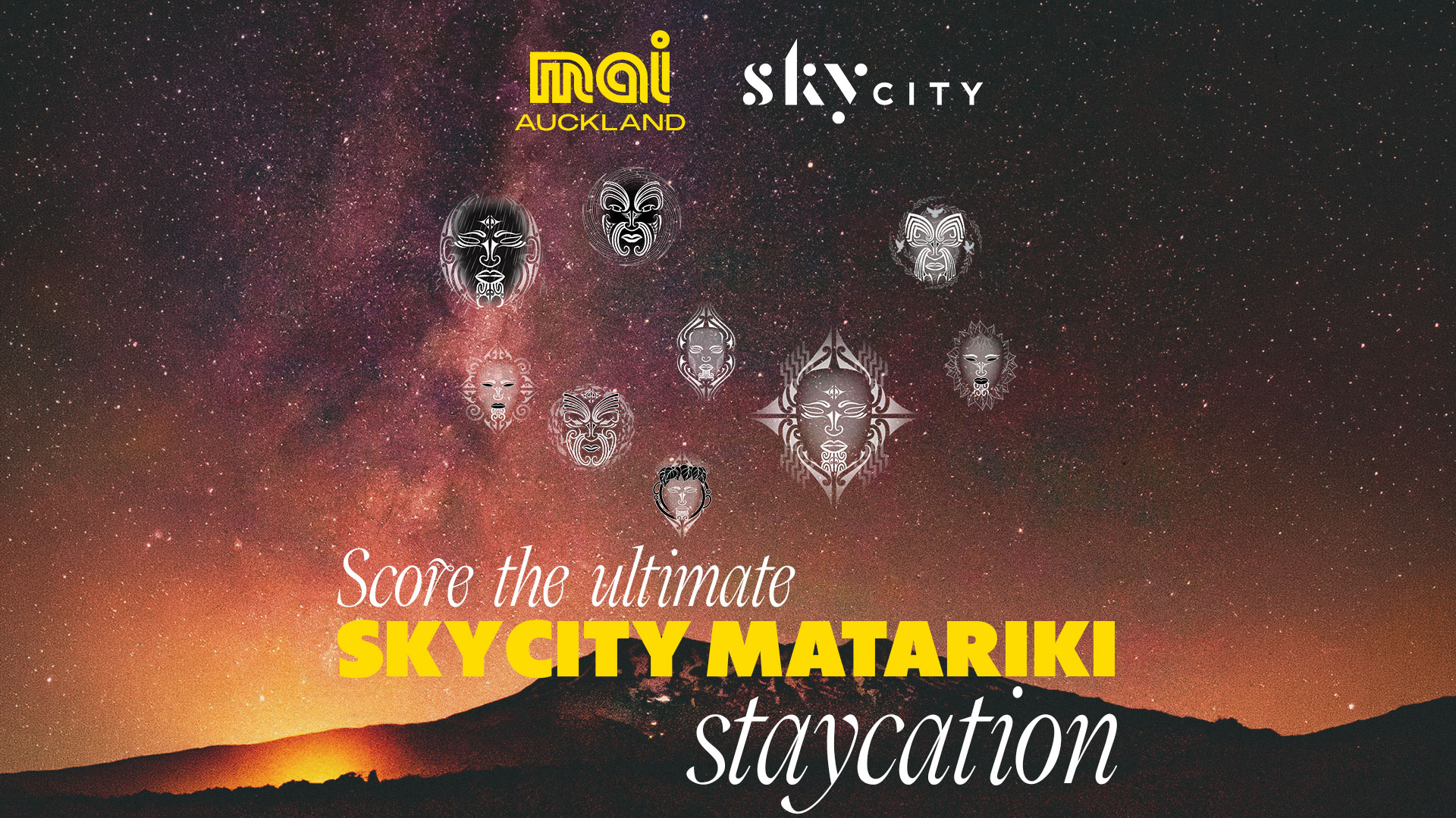 An advertisement for a SkyCity Matariki staycation, showing the Mai Auckland and SkyCity logos, stylized masks, and the text 'Score the ultimate SKYCITY MATARIKI staycation' against a starry night sky with a glowing horizon.