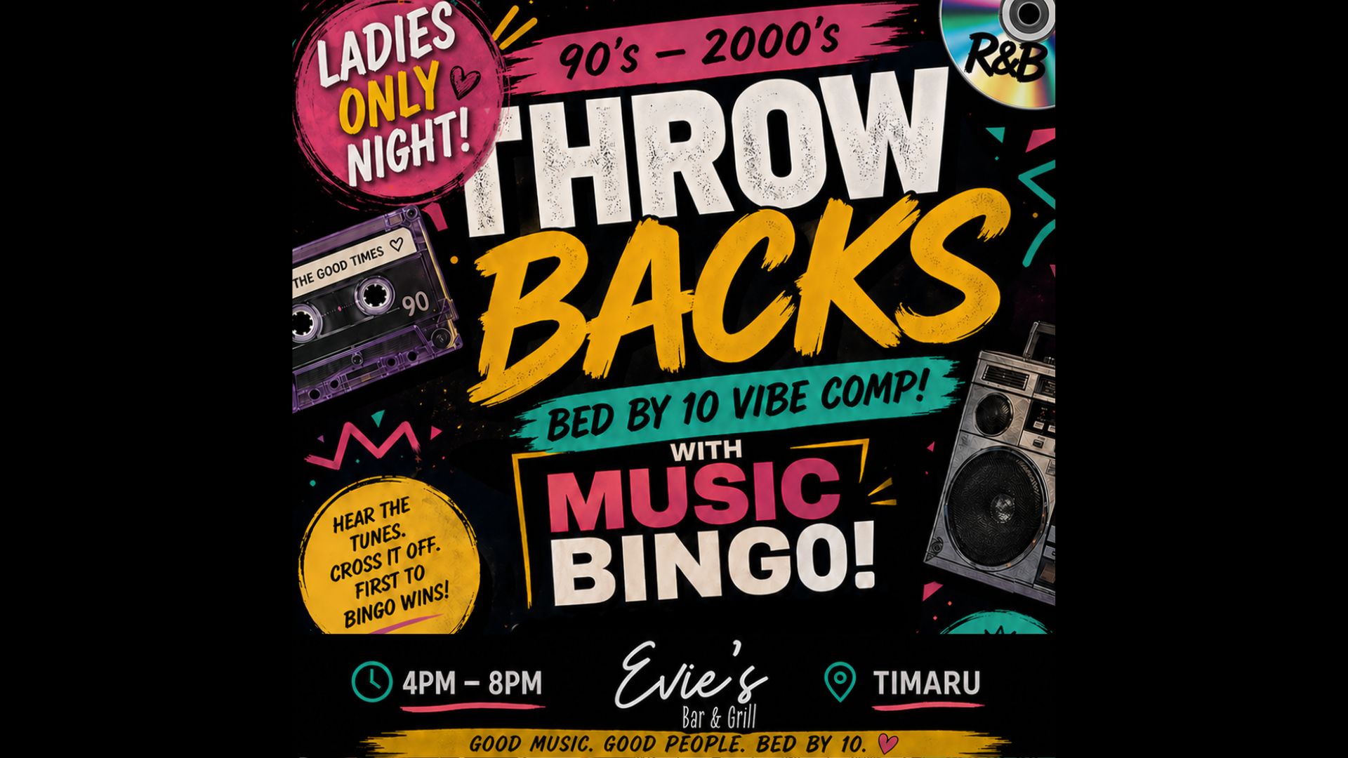 A colorful event poster for "90's - 2000's THROWBACKS" and "MUSIC BINGO!" at Evie's Bar & Grill, featuring a cassette tape, CD, boombox, and text "LADIES ONLY NIGHT!".