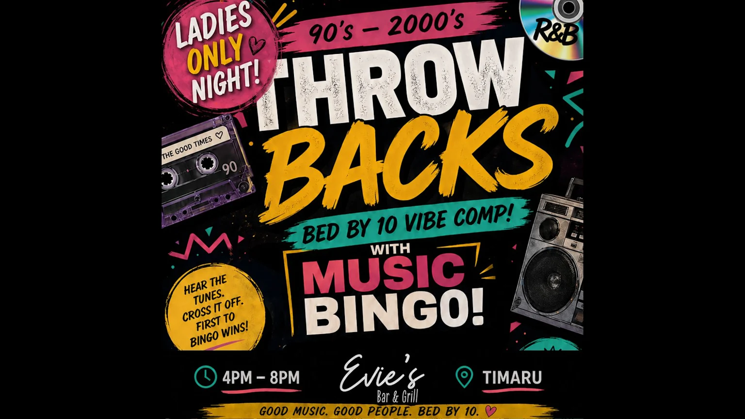 A colorful event poster for "90's - 2000's THROWBACKS" and "MUSIC BINGO!" at Evie's Bar & Grill, featuring a cassette tape, CD, boombox, and text "LADIES ONLY NIGHT!".