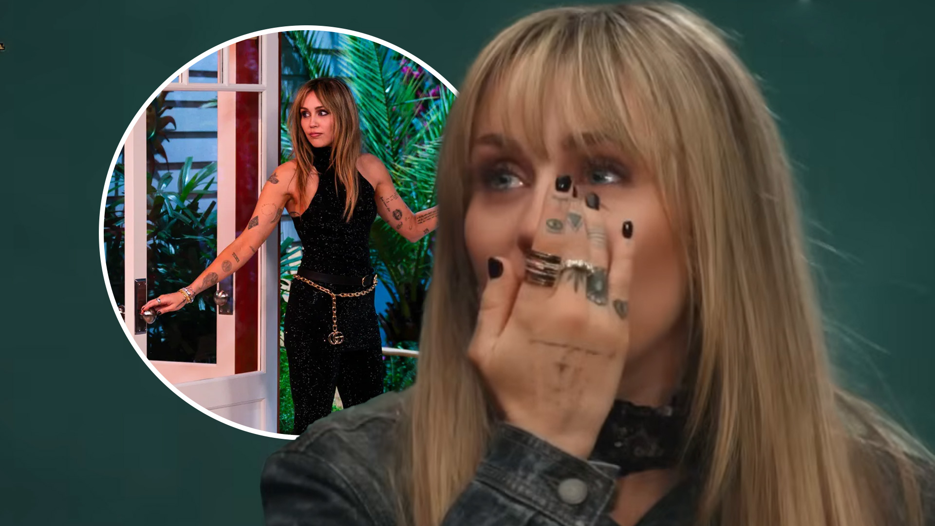 A composite image of Miley Cyrus: a close-up of her face with blonde bangs, partially covered by her heavily tattooed and ringed hand, alongside a circular inset of her in a black sparkly jumpsuit opening a door.