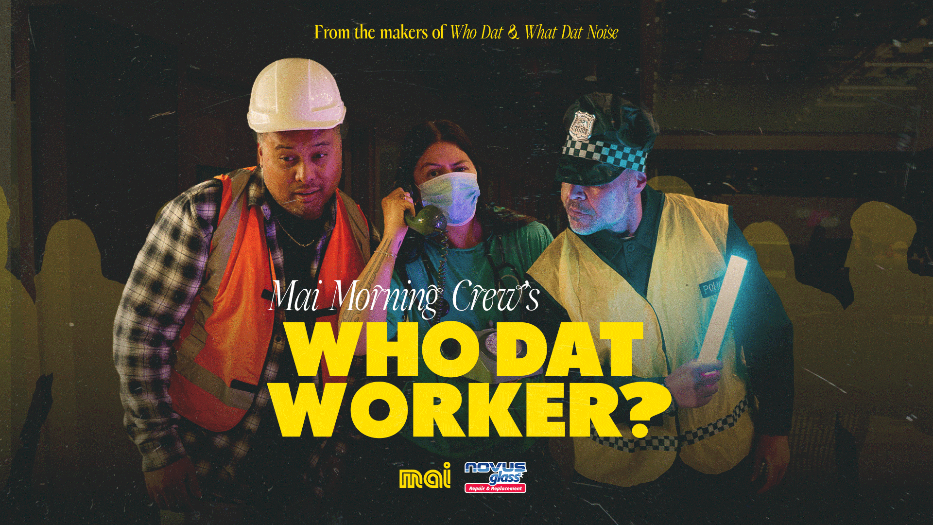 Three individuals, one in a construction worker's hard hat and vest, one in medical scrubs and a mask holding a phone, and one in a police uniform, look forward with text "WHO DAT WORKER?" overlaid.