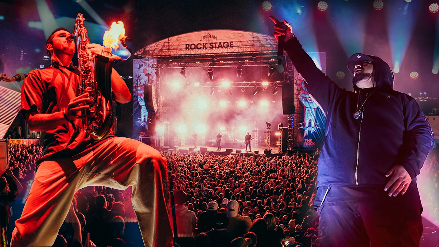 A saxaophonist and singer stand either side of the Jim Beam Homegrown stage in a photo collage