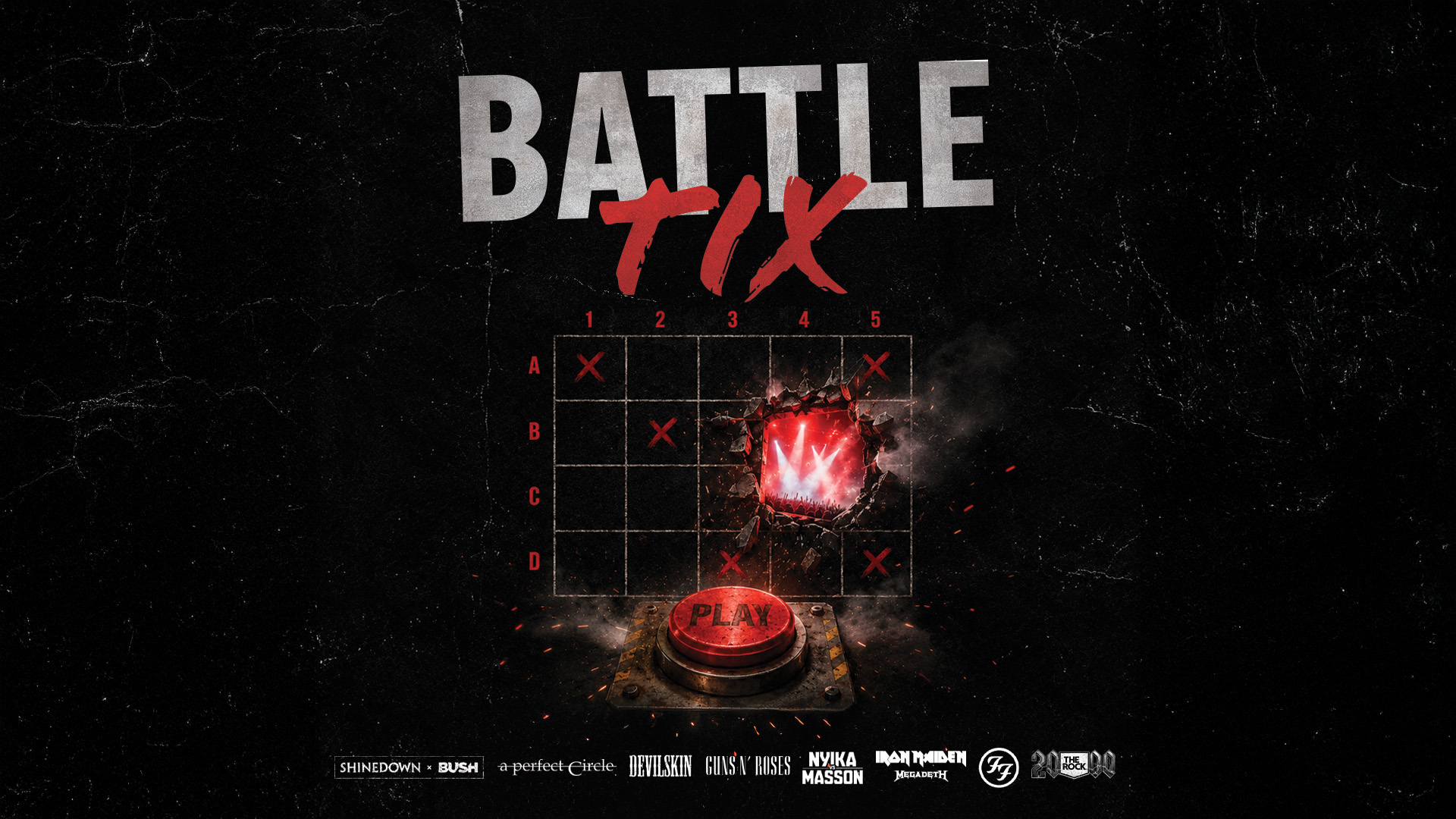 A dark, textured background features the title "BATTLE TIX" above a grid game board with red 'X' marks and a glowing red explosion revealing a concert crowd; a 'PLAY' button is below, and various band names and logos are at the bottom.