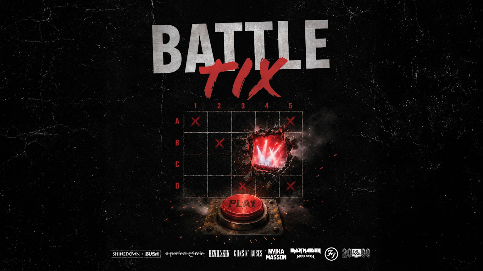 A dark, textured background features the title "BATTLE TIX" above a grid game board with red 'X' marks and a glowing red explosion revealing a concert crowd; a 'PLAY' button is below, and various band names and logos are at the bottom.