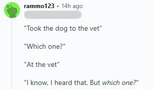 "Took the dog to the vet"
"Which one?"
"At the vet"
"I know, I heard that. But which one?"