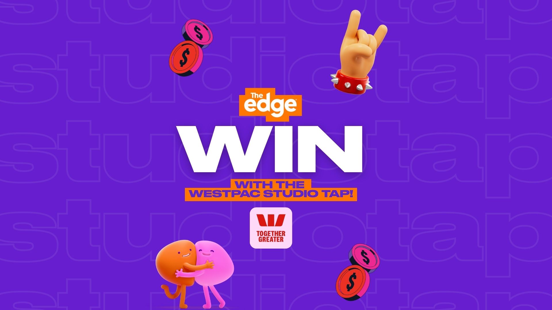 The Edge and Westpac promotional image with a purple 'studio tap' background, displaying large white 'WIN' text, 'WITH THE WESTPAC STUDIO TAP!', the Westpac logo, dollar coins, cartoon characters hugging, and a 'rock on' hand.