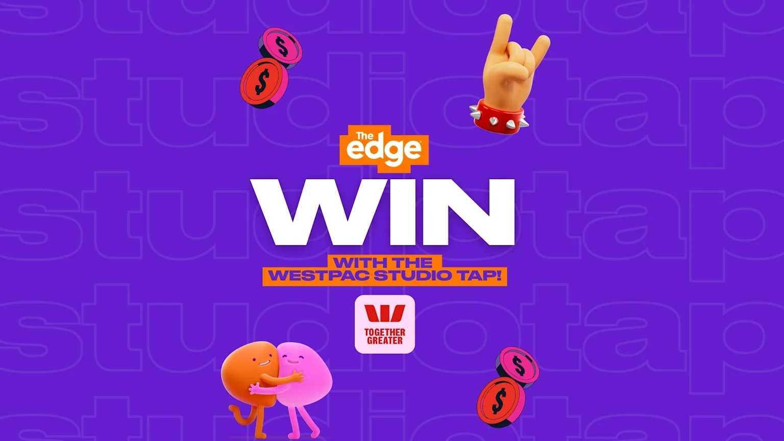 The Edge and Westpac promotional image with a purple 'studio tap' background, displaying large white 'WIN' text, 'WITH THE WESTPAC STUDIO TAP!', the Westpac logo, dollar coins, cartoon characters hugging, and a 'rock on' hand.