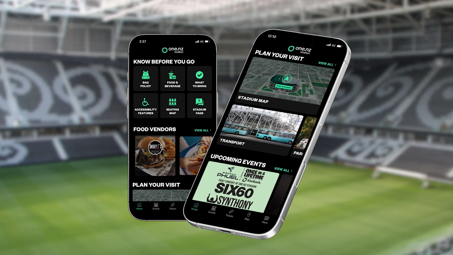 Two smartphones display a stadium app featuring sections for food vendors, stadium and seating maps, transport, upcoming events, and ticket access, set against a blurry stadium interior.