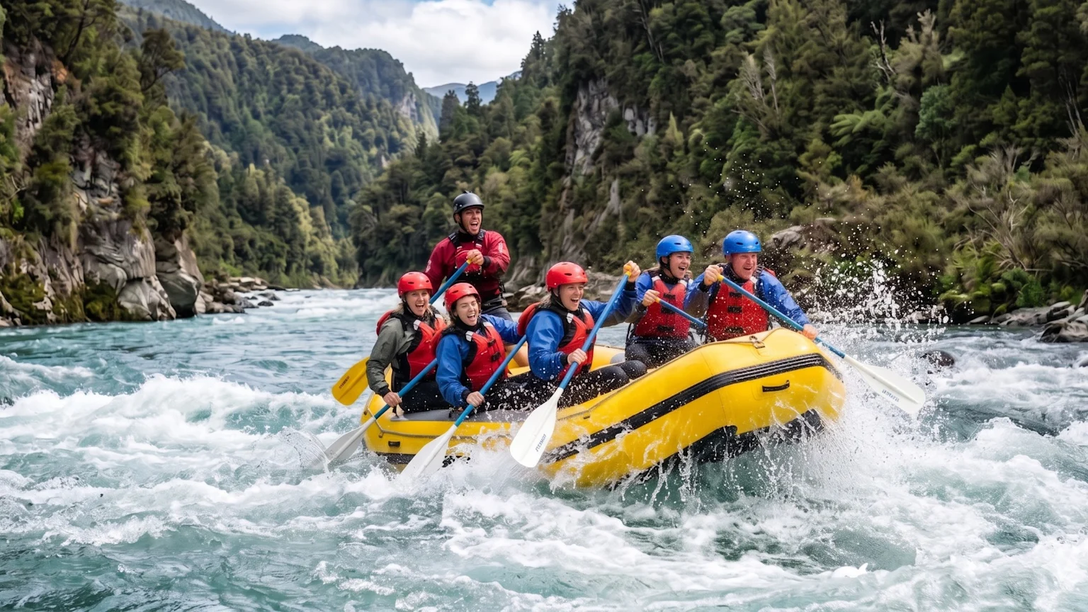 Six people wearing helmets and life jackets paddle a yellow raft through rapids on a river surrounded by green, forested mountains.