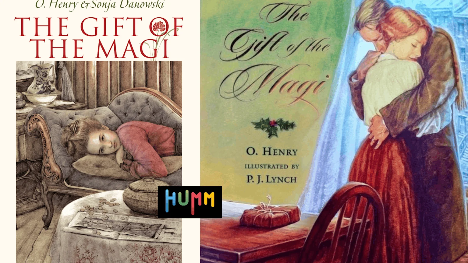 Two contrasting book covers for "The Gift of the Magi" are shown, one depicting a girl looking sadly at coins, and the other a loving couple embracing.
