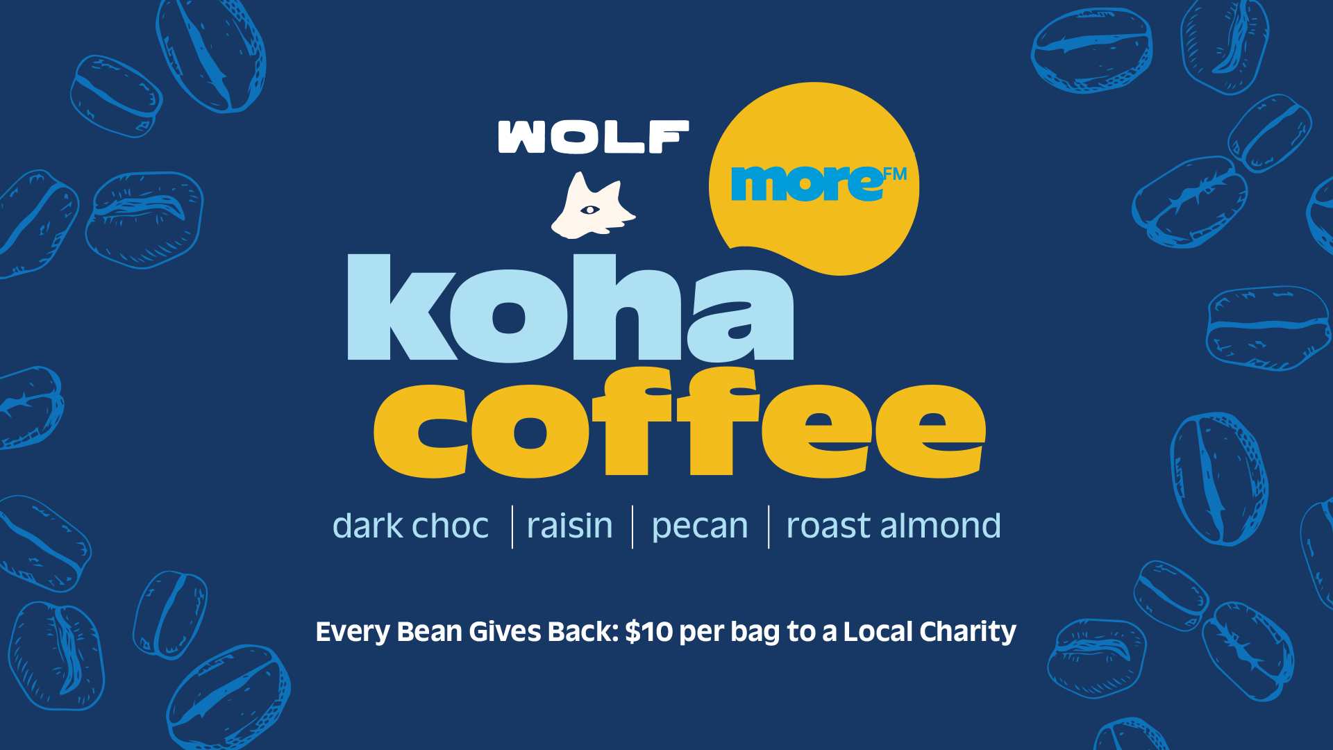 A blue banner with coffee bean illustrations features the Wolf and More FM logos, "koha coffee," flavor notes (dark choc, raisin, pecan, roast almond), and a message about giving $10 per bag to a Local Charity.