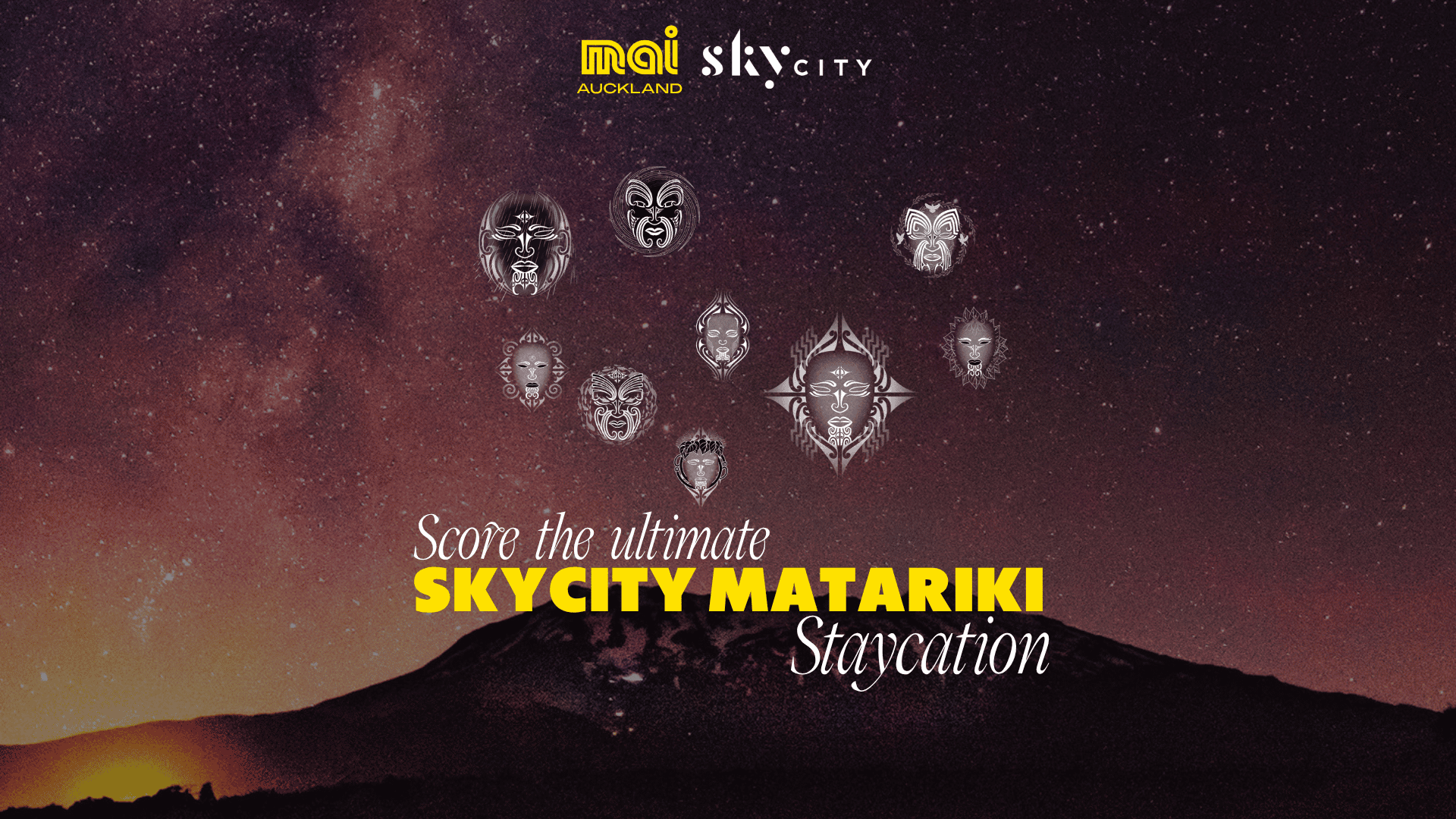 A dense, starry night sky above a mountain silhouette with a golden glow on the horizon, showcasing eleven white traditional Māori mask designs and Mai SkyCity Matariki Staycation text.